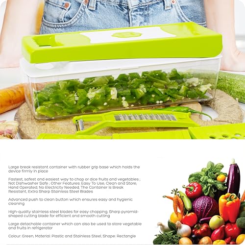 Rylan 9 in 1 Multipurpose Chopper, Fruits & Vegetable Cutters, Grater Peeler Chipser, Unbreakable Food Grade Body, Easy Push to Clean Button Slicer Dicer, Chopper for Kitchen (Green, Plastic) - Image 4
