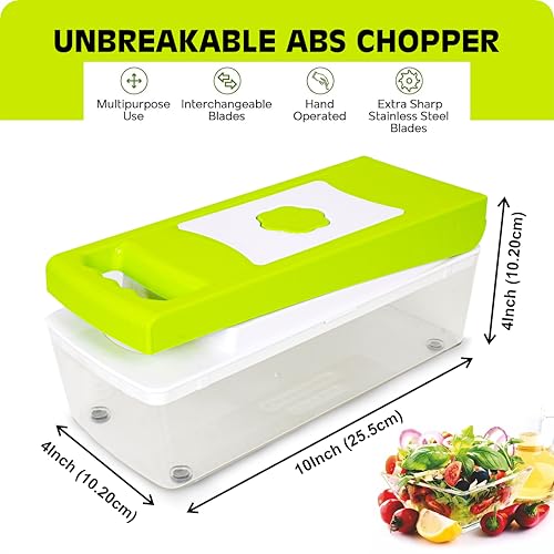 Rylan 9 in 1 Multipurpose Chopper, Fruits & Vegetable Cutters, Grater Peeler Chipser, Unbreakable Food Grade Body, Easy Push to Clean Button Slicer Dicer, Chopper for Kitchen (Green, Plastic) - Image 3