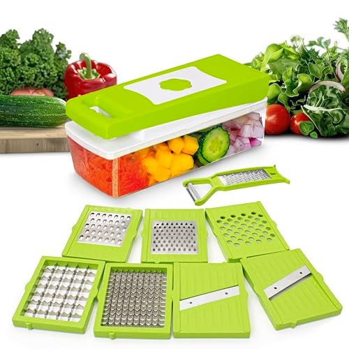 Rylan 9 in 1 Multipurpose Chopper, Fruits & Vegetable Cutters, Grater Peeler Chipser, Unbreakable Food Grade Body, Easy Push to Clean Button Slicer Dicer, Chopper for Kitchen (Green, Plastic) - Image 1