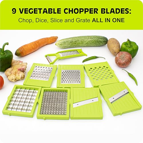 Rylan 9 in 1 Multipurpose Chopper, Fruits & Vegetable Cutters, Grater Peeler Chipser, Unbreakable Food Grade Body, Easy Push to Clean Button Slicer Dicer, Chopper for Kitchen (Green, Plastic) - Image 2