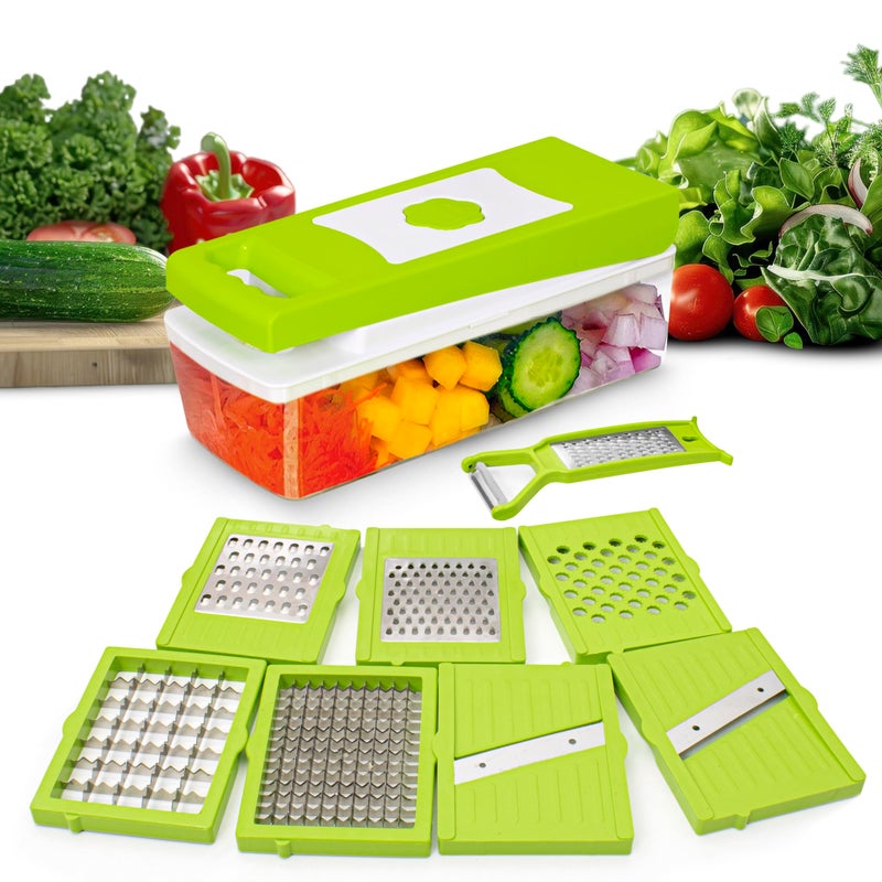 Rylan 9 in 1 Multipurpose Chopper, Fruits & Vegetable Cutters, Grater Peeler Chipser, Unbreakable Food Grade Body, Easy Push to Clean Button Slicer Dicer, Chopper for Kitchen (Green, Plastic) - Image 5