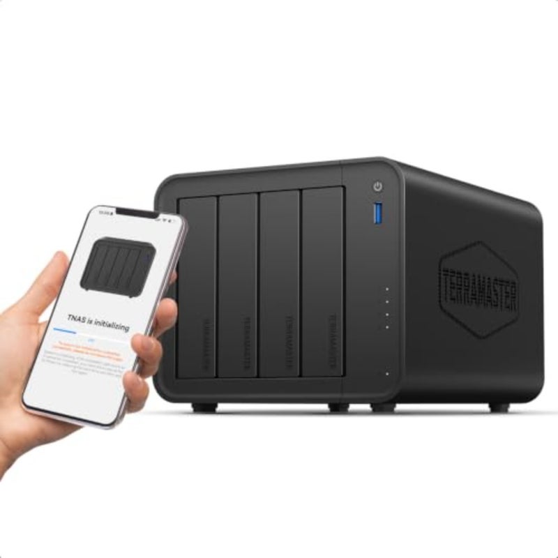 4-Bay NAS لخادم الوسائط المنزلية: هيكل من الألومنيوم، أسود، فك تشفير 4K H.265، دعم Plex/Emby/Jellyfin، فرز صور AI محلي، TNAS Mobile لسهولة الوصول عن بعد للإعداد - Image 1