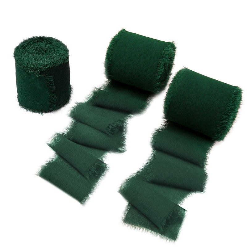 DORIS HOME Dark Green Chiffon Ribbon for Flower Bouquet 2 x21Yd Fabric Ribbon for Gift Wrapping Handmade Frayed Ribbon for WeddingChristmas Decorations