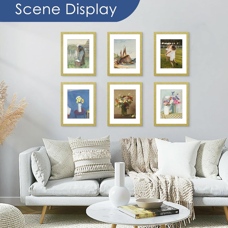PEALSN 8.5 x 11 Picture Frame Set of 6, Display Pictures 6x8 with Mat or 8.5 x 11 without Mat for Wall Mounting Display, Photo Frames Collage for Wall Decor, Gold - Image 2