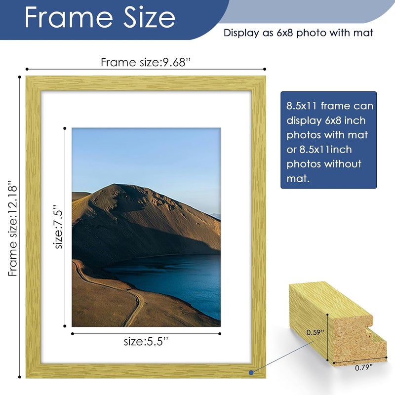 PEALSN 8.5 x 11 Picture Frame Set of 6, Display Pictures 6x8 with Mat or 8.5 x 11 without Mat for Wall Mounting Display, Photo Frames Collage for Wall Decor, Gold - Image 3