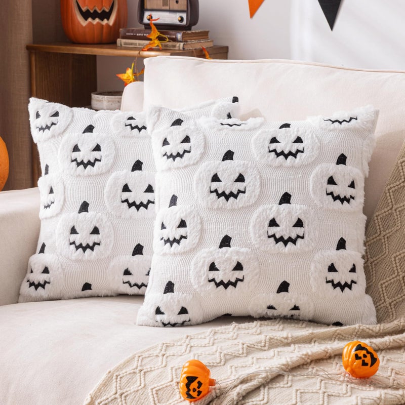 AQOTHES Halloween Funny Face Pumpkin Throw Pillow Covers White 18x18 inch, Set of 2 Fall Decorative Throw Pillows Covers for Living Room Chair Sofa Home Farmhouse Decor - Image 1