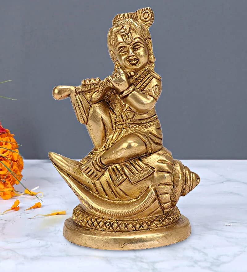 ARTVARKO Artvarko Brass Bal Lord Krishna Bhagwan Idol Murti for Temple Home Decor Entrance Statue Wedding Gift Hand Made Sculpture Gold Color Polish Height 45 Inch  - Image 1