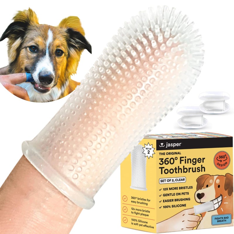 Jasper Dog Toothbrush, 360-Degree Silicone Dog Finger Toothbrush with Storage Cases, Dog Tooth Brushing Kit, Dog Teeth Cleaning Kit for Medium and Large Dogs, Use with Dog Toothpaste, 2-Pack Clear - Image 1