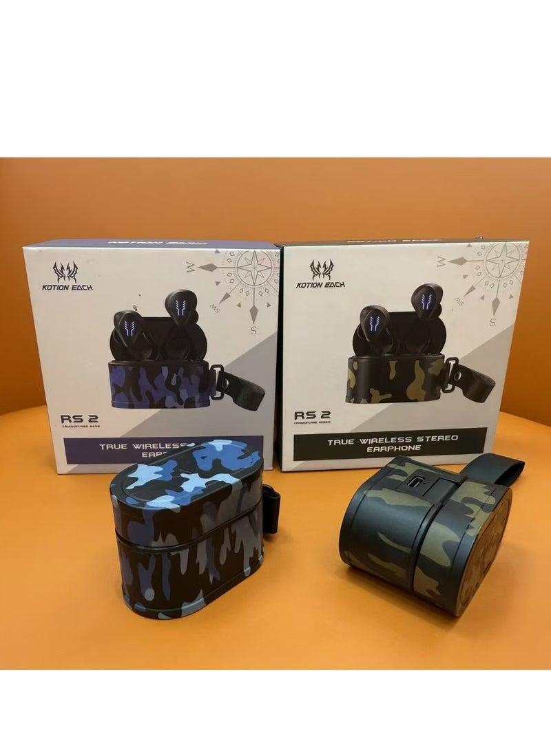 Kotion Each RS2 TWS Mini Wireless Earbuds bluetooth 5.4 Headphones Built-in Microphone,Headset with Charging Case, Camouflage Blue