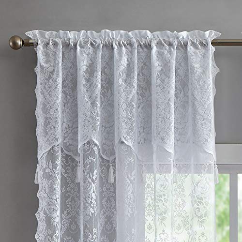 Warm Home Designs Pair of 2 White Color Standard Length 54” (W) x 84” (L) Semi Sheer Lace Curtain Panels & Attached Valances with 6 Tassels. Classic Elegant English Rose Pattern. L White 84” - Image 4