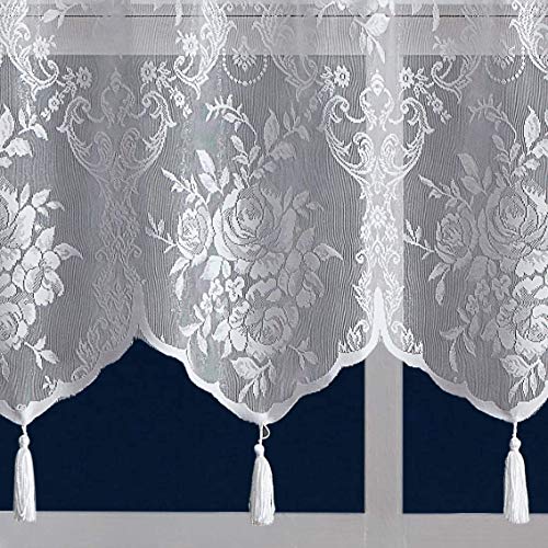 Warm Home Designs Pair of 2 White Color Standard Length 54” (W) x 84” (L) Semi Sheer Lace Curtain Panels & Attached Valances with 6 Tassels. Classic Elegant English Rose Pattern. L White 84” - Image 5