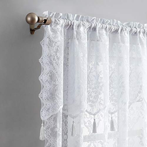 Warm Home Designs Pair of 2 White Color Standard Length 54” (W) x 84” (L) Semi Sheer Lace Curtain Panels & Attached Valances with 6 Tassels. Classic Elegant English Rose Pattern. L White 84” - Image 1