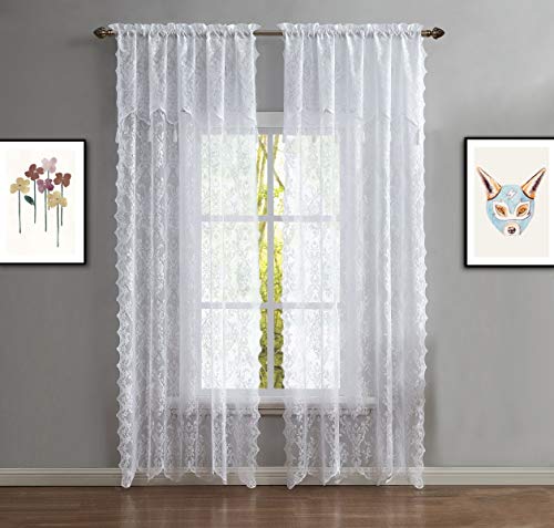 Warm Home Designs Pair of 2 White Color Standard Length 54” (W) x 84” (L) Semi Sheer Lace Curtain Panels & Attached Valances with 6 Tassels. Classic Elegant English Rose Pattern. L White 84” - Image 2