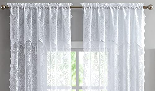 Warm Home Designs Pair of 2 White Color Standard Length 54” (W) x 84” (L) Semi Sheer Lace Curtain Panels & Attached Valances with 6 Tassels. Classic Elegant English Rose Pattern. L White 84” - Image 3