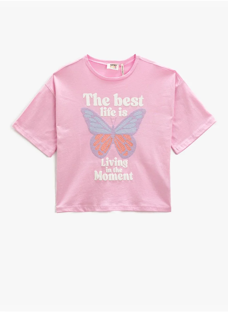 كوتون Butterfly Embroidered T-Shirt Short Sleeve Crew Neck Cotton