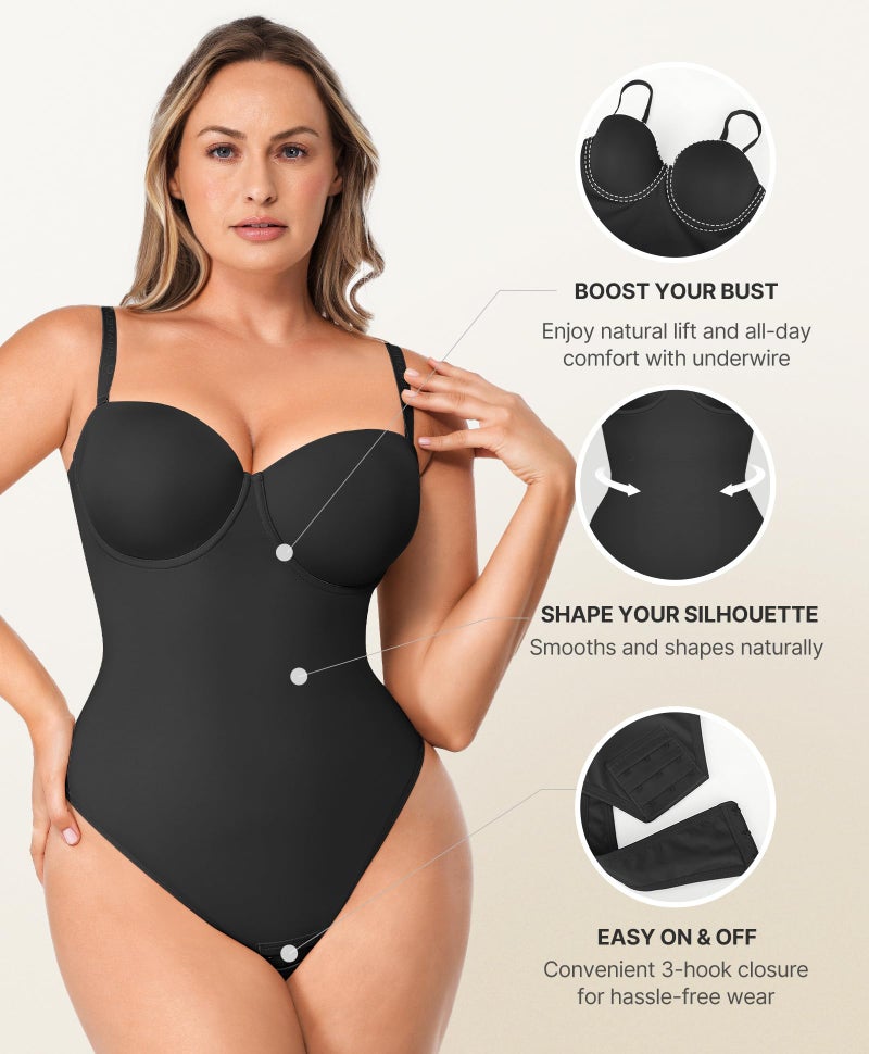 SHAPELLX Shapewear Tummy Control Strapless Bodysuit for Women Snatched Waist Body Shaper Thong Low Back Black M - Image 3