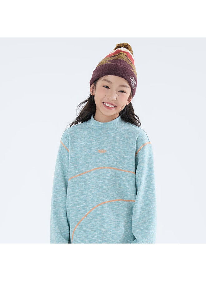 Mipou Autumn Winter New Children's Floral Yarn Mid-neck Solid Color High Elastic Soft Long Sleeve Base T-shirt Blue 160cm - Image 1