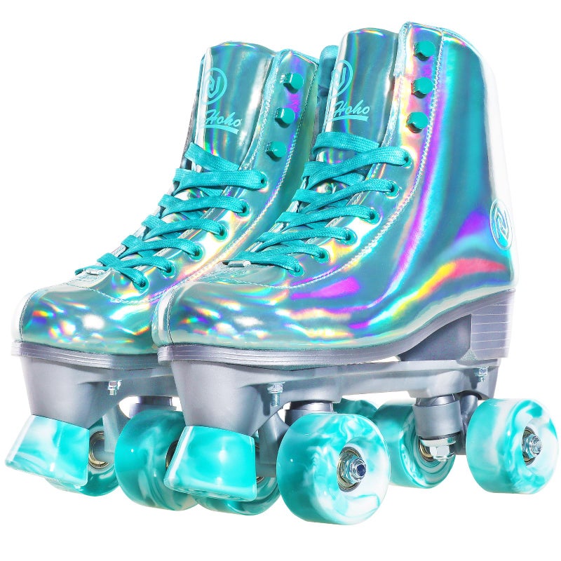 JajaHoho Roller Skates for Women Shiny Holographic High Top Rollerskates DoubleRow Four Mixture Gradient Wheels Quad Skates for Girls Age 850 Indoor Outdoor Size 7 Mint Green