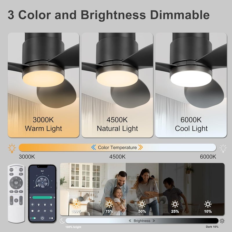 Ohniyou 42'' Flush Mount Ceiling Fans with Lights, Remote/App Control, Dimmable, Quiet Indoor/Outdoor Ceiling Fan for Covered Patio, Bedroom, Kitchen, Black - Image 2