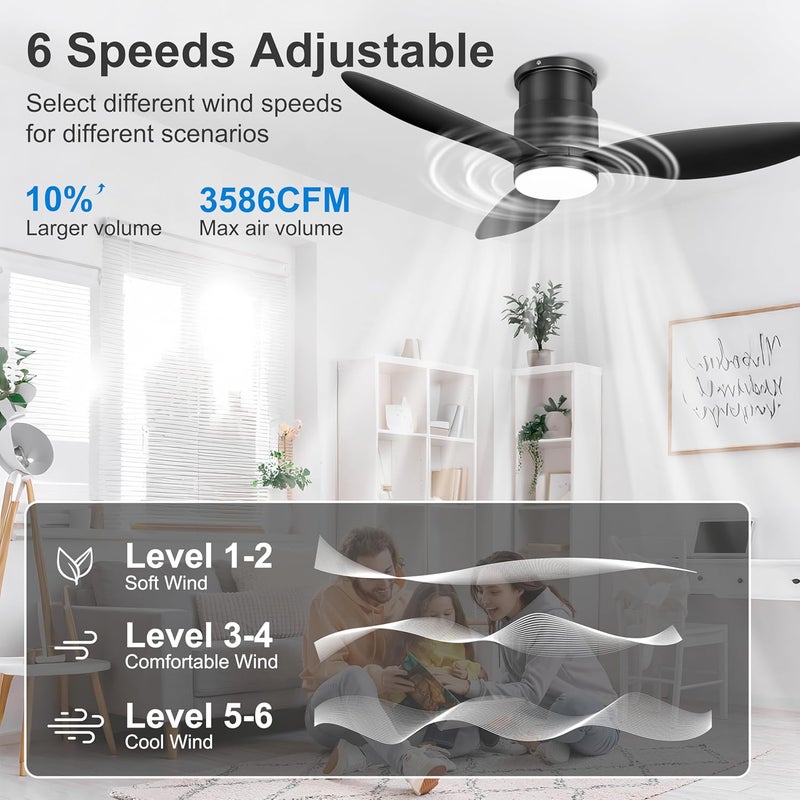 Ohniyou 42'' Flush Mount Ceiling Fans with Lights, Remote/App Control, Dimmable, Quiet Indoor/Outdoor Ceiling Fan for Covered Patio, Bedroom, Kitchen, Black - Image 3