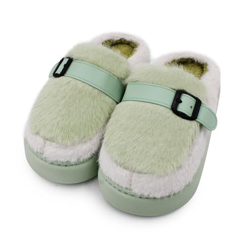 VRITRAZ Women’s Fluffy House Slippers | Stylish Warm Winter Wear with Buckle Strap | Comfortable Indoor Plush Footwear (Mint Green, Size 7) - Image 1