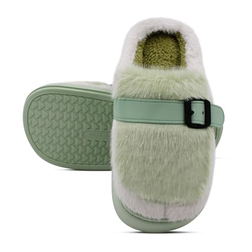 VRITRAZ Women’s Fluffy House Slippers | Stylish Warm Winter Wear with Buckle Strap | Comfortable Indoor Plush Footwear (Mint Green, Size 7) - Image 4