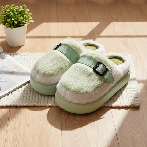VRITRAZ Women’s Fluffy House Slippers | Stylish Warm Winter Wear with Buckle Strap | Comfortable Indoor Plush Footwear (Mint Green, Size 7) - Image 2