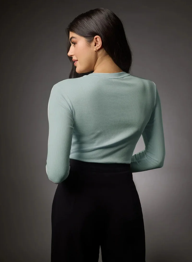 Zigzag Long Sleeve Round Neck Rib Top- Pale Blue
