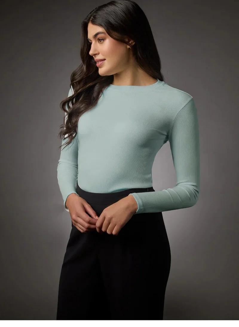 Zigzag Long Sleeve Round Neck Rib Top- Pale Blue