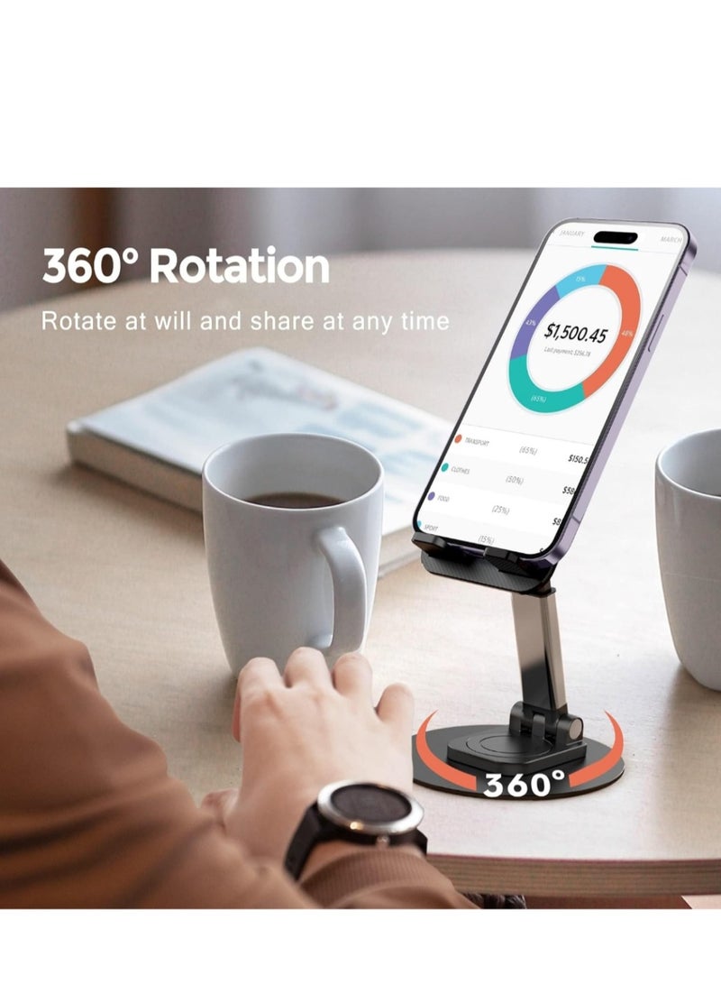 LOWHAT 360° Rotating Adjustable Phone Stand for Desk - Compatible with iPhone 15 Pro/Pro Max, Samsung Galaxy, Tablets - Perfect Desk Accessory in Black - Image 3