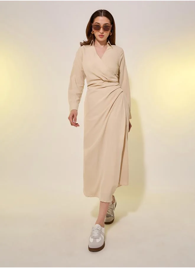 Styli Beige Plain Long Sleeve Wrap Look A-Line Midi Dress