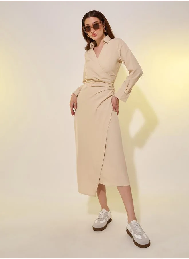 Styli Beige Plain Long Sleeve Wrap Look A-Line Midi Dress