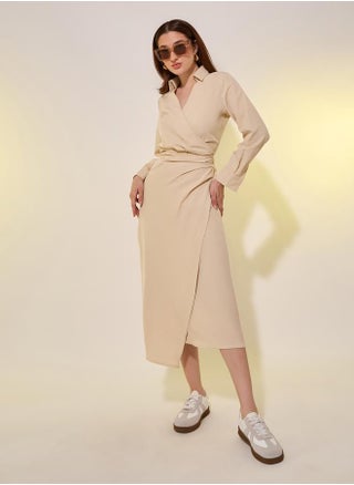 Take Two Beige Plain Long Sleeve Wrap Look A-Line Midi Dress - pzsku/ZACE8928A133598575C0FZ/45/1750095811/209ca6b2-786a-4eba-b6ef-1bdd8a55f30c