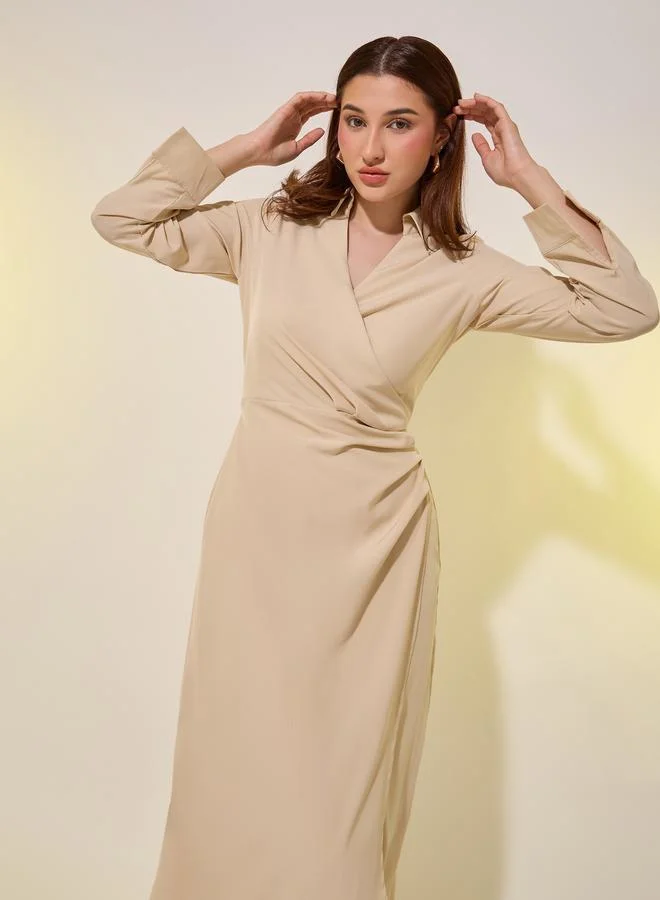 Take Two Beige Wrap Midi Dress