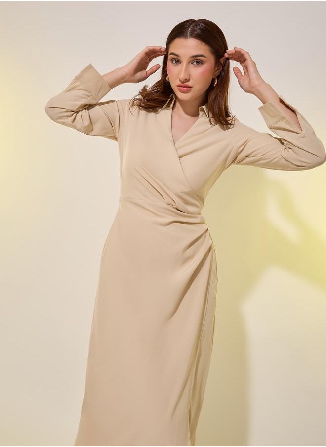 Take Two Beige Plain Long Sleeve Wrap Look A-Line Midi Dress