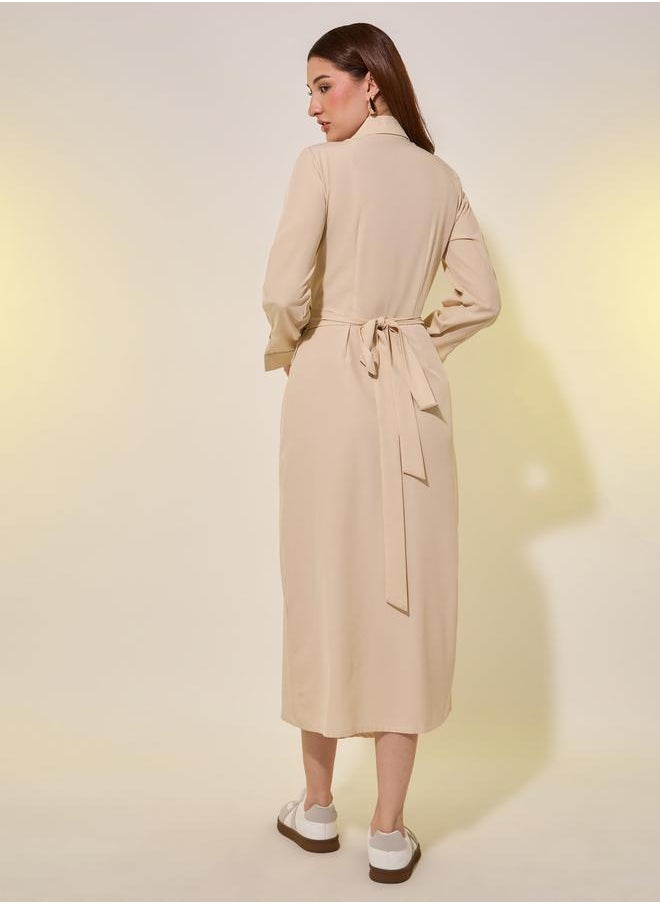 Take Two Beige Plain Long Sleeve Wrap Look A-Line Midi Dress