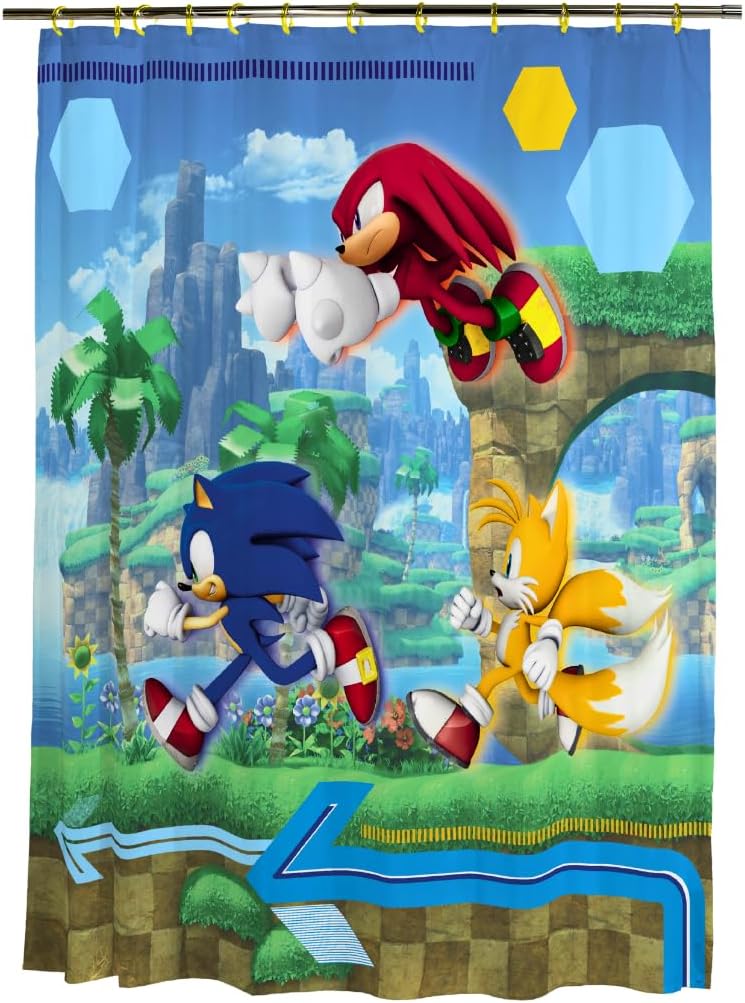 Franco Sonic Anime 13 Piece Shower Curtain and Ring Set, (100% Officially Licensed Product) - Image 1