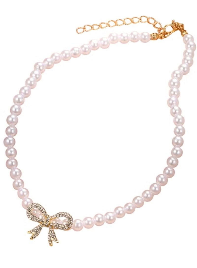 Huitich Pearl Necklace with Crystal Bow Pendant – Elegant White Beads  - Image 1