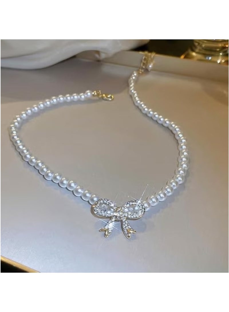 Huitich Pearl Necklace with Crystal Bow Pendant – Elegant White Beads  - Image 4