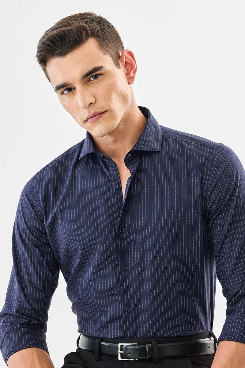 SNITCH Navy Striped Long Sleeve Slim Fit Formal Luxe Shirt