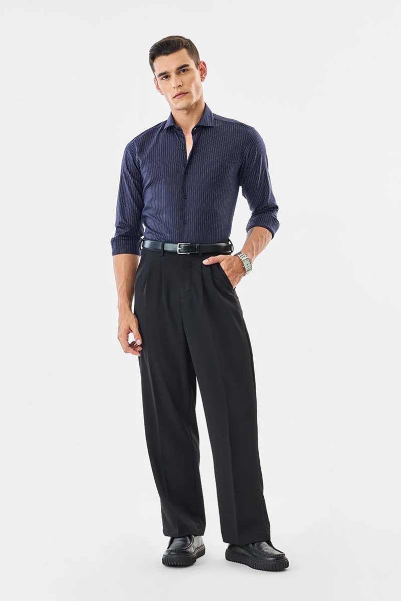 SNITCH Navy Striped Long Sleeve Slim Fit Formal Luxe Shirt