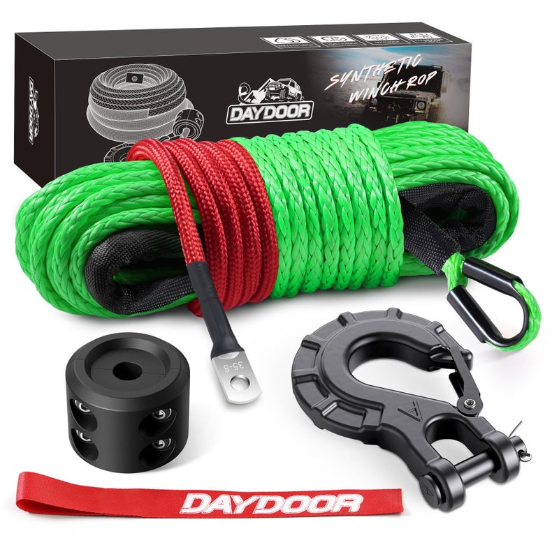 DAYDOOR Synthetic Winch Rope, 1/4 Inch x 50ft 10,000LBS Synthetic Winch Line, Winch Cable for Offroad Vehicle 4WD ATV UTV, Synthetic Rope with Forged Winch Hook and Rubber Stopper (Green) - Image 1