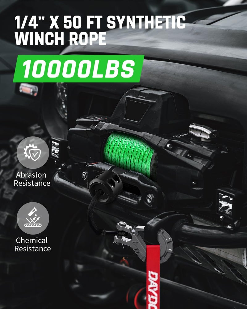 DAYDOOR Synthetic Winch Rope, 1/4 Inch x 50ft 10,000LBS Synthetic Winch Line, Winch Cable for Offroad Vehicle 4WD ATV UTV, Synthetic Rope with Forged Winch Hook and Rubber Stopper (Green) - Image 2