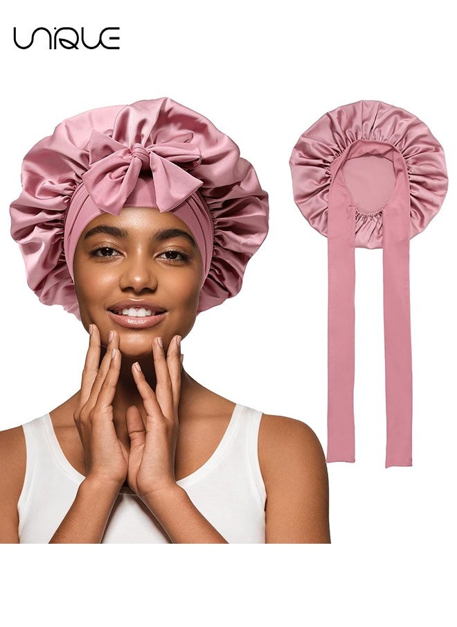 Unique Satin Bonnet for Women - Jumbo Silk Bonnet for Curly Hair - Silk Hair Wrap for Sleeping - Satin Bonnet with Stretchy Tie Band - Silk Bonnet for Curly Hair Wraps for Sleeping (Pink)  - Image 1