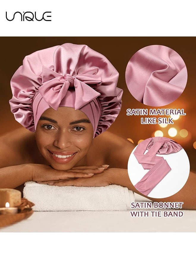 Unique Satin Bonnet for Women - Jumbo Silk Bonnet for Curly Hair - Silk Hair Wrap for Sleeping - Satin Bonnet with Stretchy Tie Band - Silk Bonnet for Curly Hair Wraps for Sleeping (Pink)  - Image 4