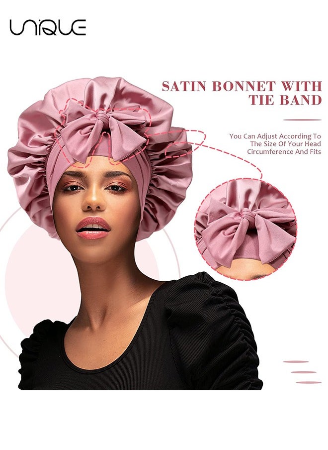 Unique Satin Bonnet for Women - Jumbo Silk Bonnet for Curly Hair - Silk Hair Wrap for Sleeping - Satin Bonnet with Stretchy Tie Band - Silk Bonnet for Curly Hair Wraps for Sleeping (Pink)  - Image 3