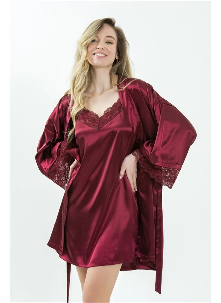 Magic Form 37430 Women's Claret Red Crepe Satin Lace Single Dressing Gown