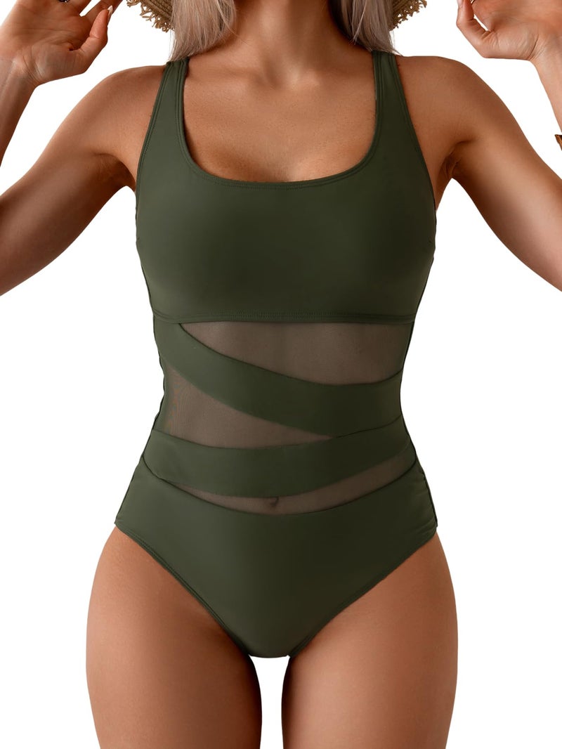 B2prity Women's Mesh One Piece Swimsuit Tummy Control Sexy Bathing Suit Push Up Swim Suit Slimming Swimwear Army Green - Image 1