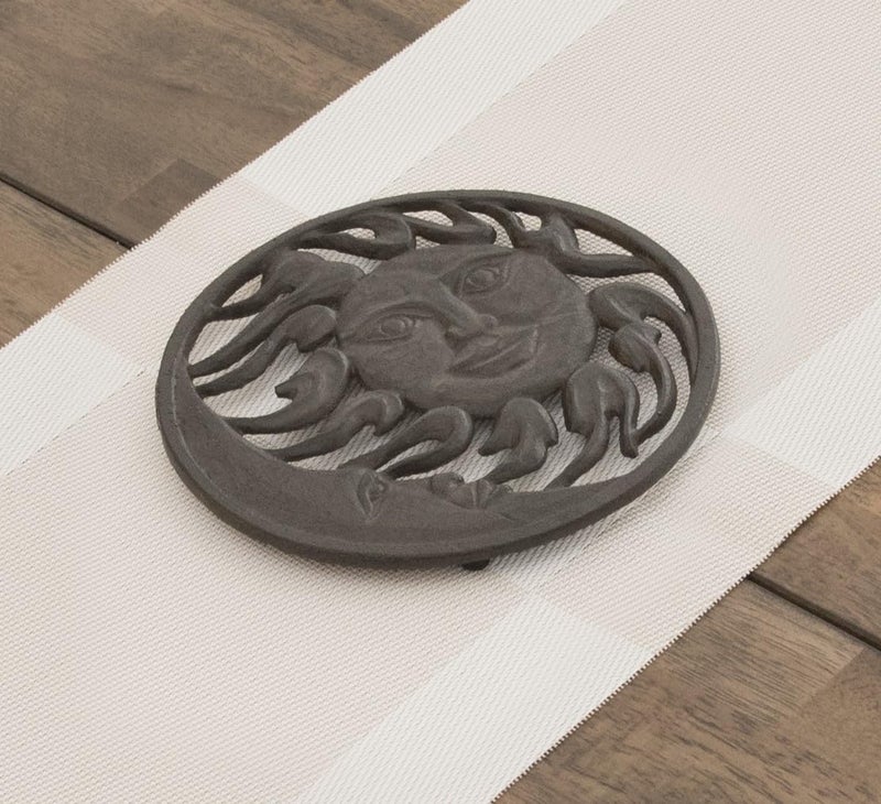 GASARÉ, Cast Iron Trivet for Hot Dishes, Pots, and Pans, Metal Trivet, Sun & Moon Design, Rubber Feet Caps, Ring Hanger, 8 Inches, Brown, 1 Unit - Image 4