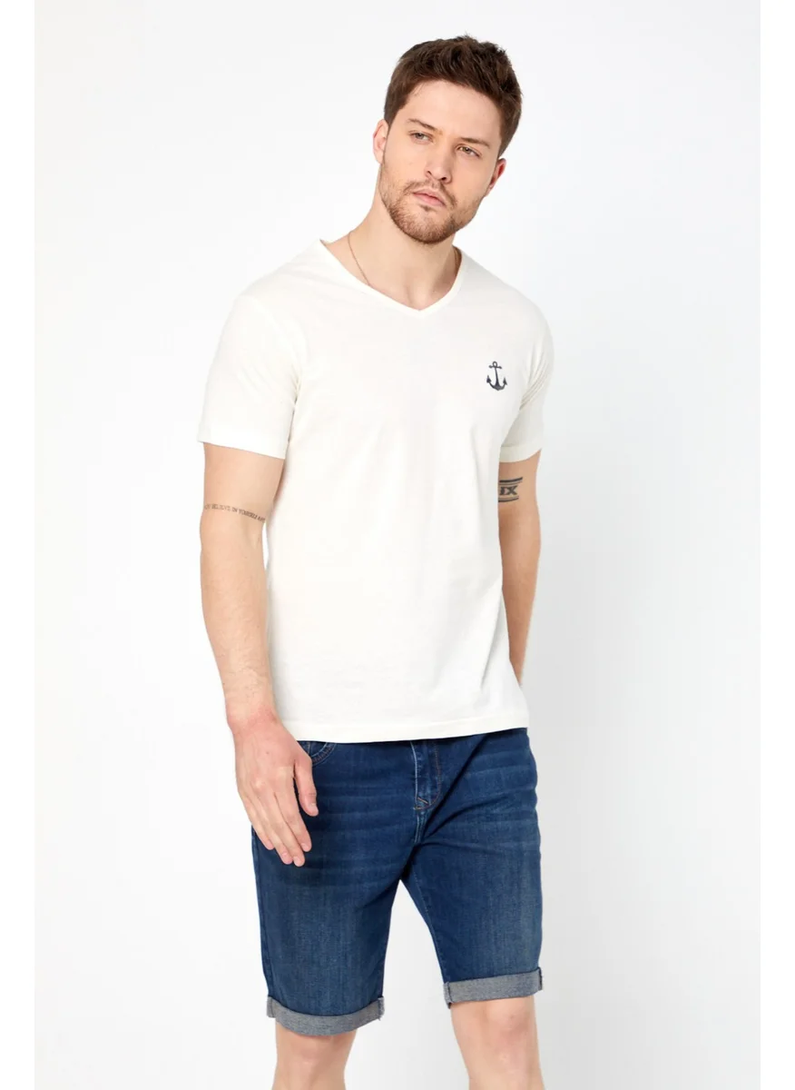 MRS Clothing Anchor Embroidered V-Neck Short Sleeve Basic White Men's T-Shirt